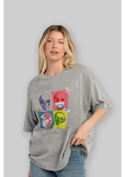 Lets Rock Ön Baskılı Gri Oversize T-Shirt Unisex Erkek Kadın Bisiklet Yaka