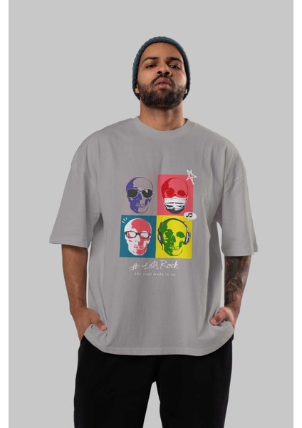 Lets Rock Ön Baskılı Gri Oversize T-Shirt Unisex Erkek Kadın Bisiklet Yaka