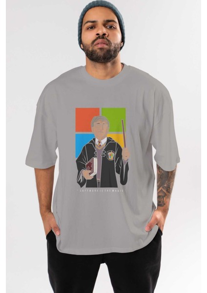 Harry Potter Gates Ön Baskılı Gri Oversize T-Shirt Unisex Erkek Kadın Bisiklet Yaka