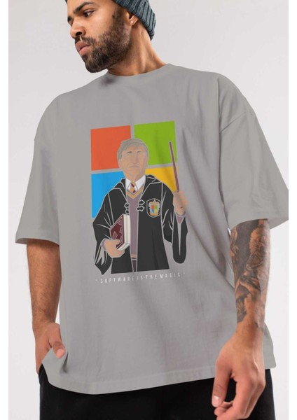 Harry Potter Gates Ön Baskılı Gri Oversize T-Shirt Unisex Erkek Kadın Bisiklet Yaka modelleri