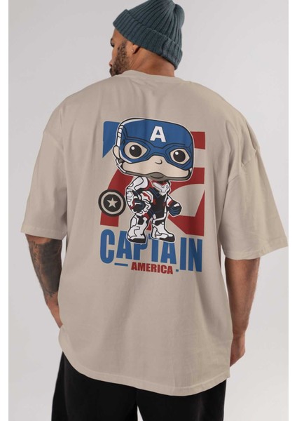 Captain America Arka Baskılı Bej Oversize T-Shirt Bisiklet Yaka Pamuk Erkek Kadın