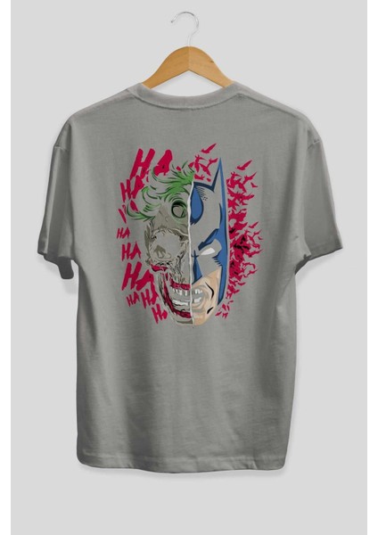 Joker Batman Arka Baskılı Gri Oversize T-Shirt Bisiklet Yaka Pamuk Erkek Kadın fiyatları