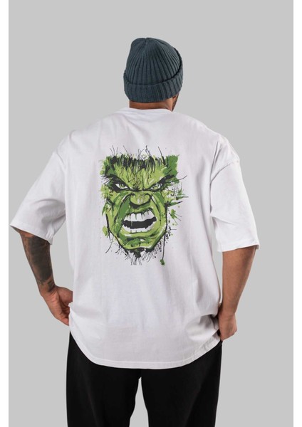 Hulk (4) Arka Baskılı Beyaz Oversize T-Shirt Bisiklet Yaka Pamuk Erkek Kadın
