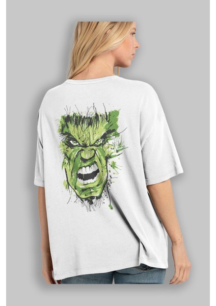 Hulk (4) Arka Baskılı Beyaz Oversize T-Shirt Bisiklet Yaka Pamuk Erkek Kadın modelleri