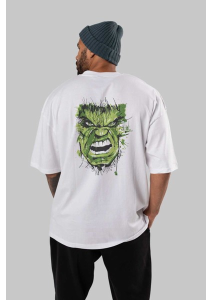 Hulk (4) Arka Baskılı Beyaz Oversize T-Shirt Bisiklet Yaka Pamuk Erkek Kadın fırsatları