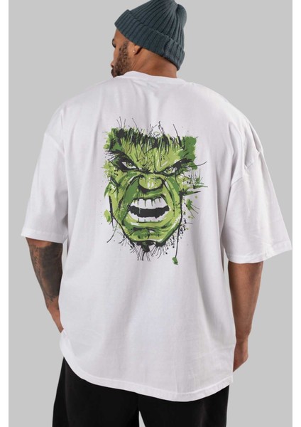 Hulk (4) Arka Baskılı Beyaz Oversize T-Shirt Bisiklet Yaka Pamuk Erkek Kadın indirimleri