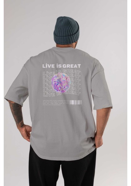 Live Is Great Yazılı Arka Baskılı Gri Oversize T-Shirt Unisex Erkek Kadın Bisiklet Yaka