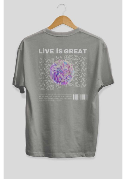Live Is Great Yazılı Arka Baskılı Gri Oversize T-Shirt Unisex Erkek Kadın Bisiklet Yaka fiyatları