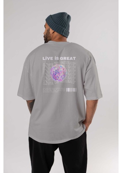 Live Is Great Yazılı Arka Baskılı Gri Oversize T-Shirt Unisex Erkek Kadın Bisiklet Yaka fırsatları