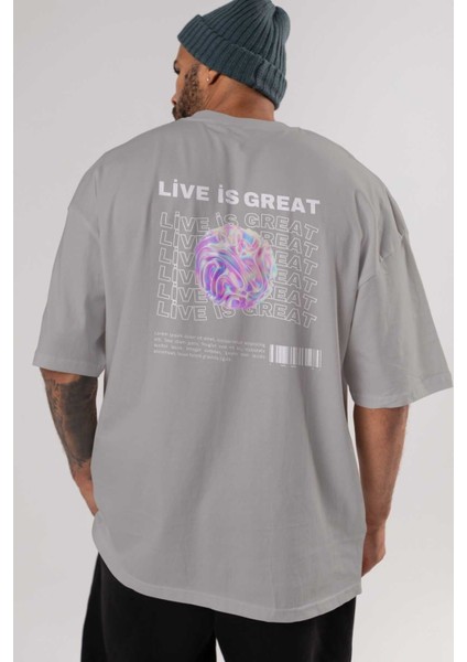 Live Is Great Yazılı Arka Baskılı Gri Oversize T-Shirt Unisex Erkek Kadın Bisiklet Yaka indirimleri