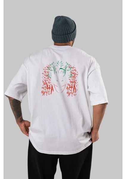Joker (5) Arka Baskılı Beyaz Oversize T-Shirt Bisiklet Yaka Pamuk Erkek Kadın