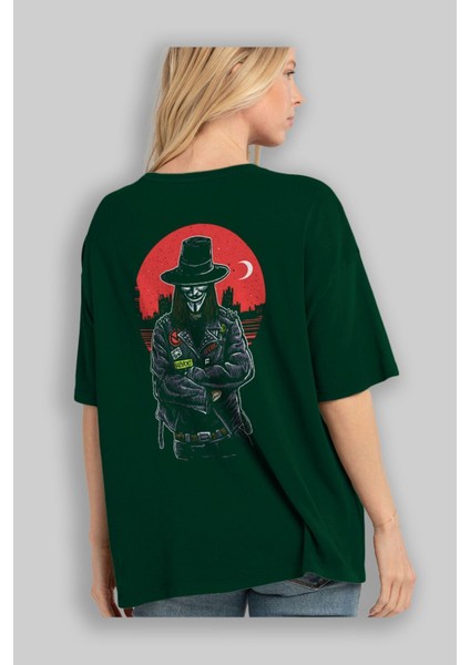 Vendetta Arka Baskılı Zümrüt Yeşili Oversize T-Shirt Erkek Kadın Bisiklet Yaka fırsatları
