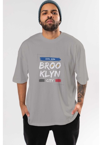 Brooklyn City Yazılı 2 Ön Baskılı Gri Oversize T-Shirt Unisex Erkek Kadın Bisiklet Yaka