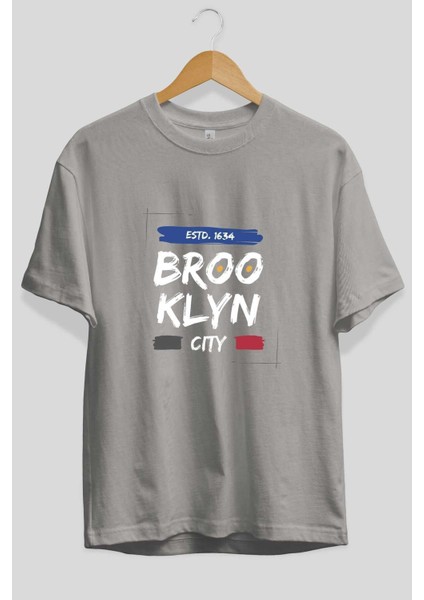 Brooklyn City Yazılı 2 Ön Baskılı Gri Oversize T-Shirt Unisex Erkek Kadın Bisiklet Yaka fiyatları