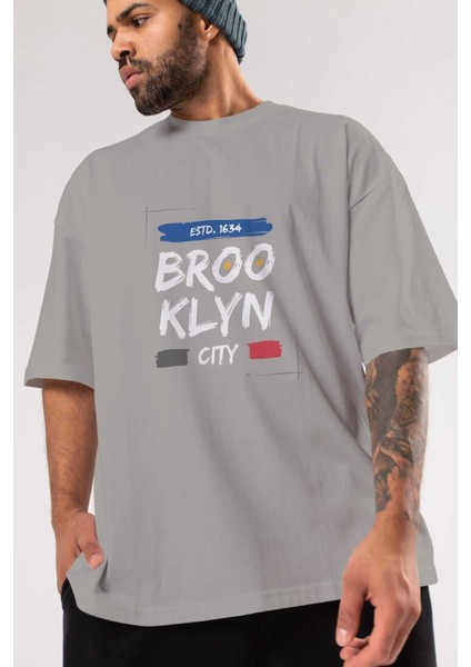 Brooklyn City Yazılı 2 Ön Baskılı Gri Oversize T-Shirt Unisex Erkek Kadın Bisiklet Yaka modelleri