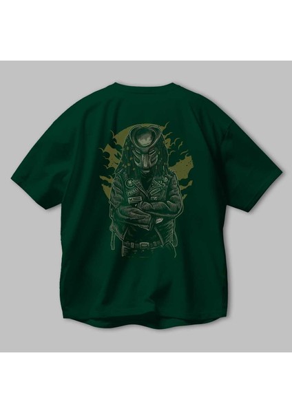Predator Arka Baskılı Zümrüt Yeşili Oversize T-Shirt Erkek Kadın Bisiklet Yaka modelleri