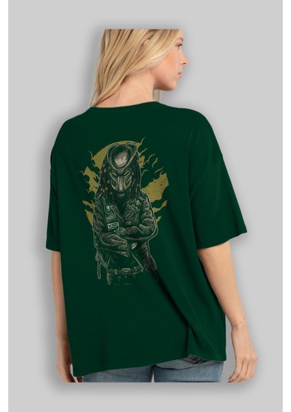 Predator Arka Baskılı Zümrüt Yeşili Oversize T-Shirt Erkek Kadın Bisiklet Yaka fırsatları