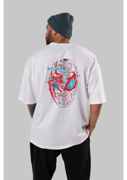Spiderman (14) Arka Baskılı Beyaz Oversize T-Shirt Bisiklet Yaka Pamuk Erkek Kadın fırsatları