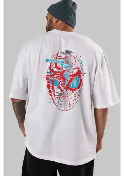 Spiderman (14) Arka Baskılı Beyaz Oversize T-Shirt Bisiklet Yaka Pamuk Erkek Kadın indirimleri