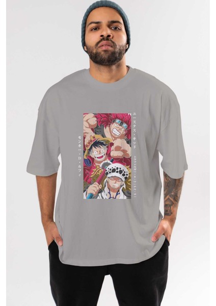 Super Novas One Piece Anime Ön Baskılı Gri Oversize T-Shirt %100 Pamuk Erkek Kadın