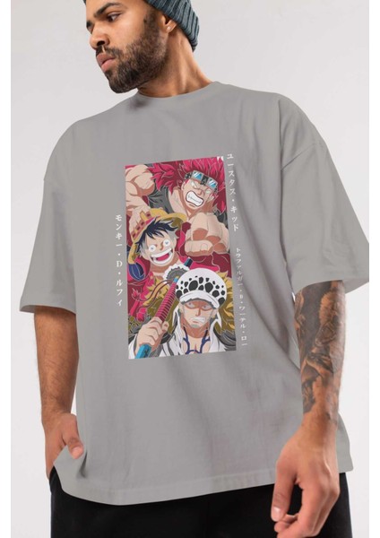 Super Novas One Piece Anime Ön Baskılı Gri Oversize T-Shirt %100 Pamuk Erkek Kadın modelleri