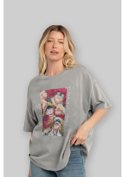 Super Novas One Piece Anime Ön Baskılı Gri Oversize T-Shirt %100 Pamuk Erkek Kadın fırsatları