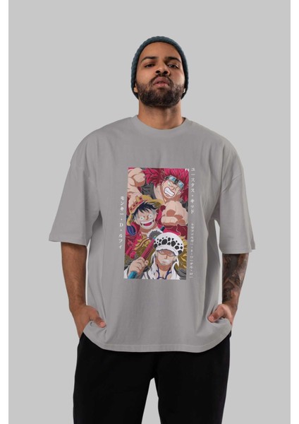 Super Novas One Piece Anime Ön Baskılı Gri Oversize T-Shirt %100 Pamuk Erkek Kadın indirimleri