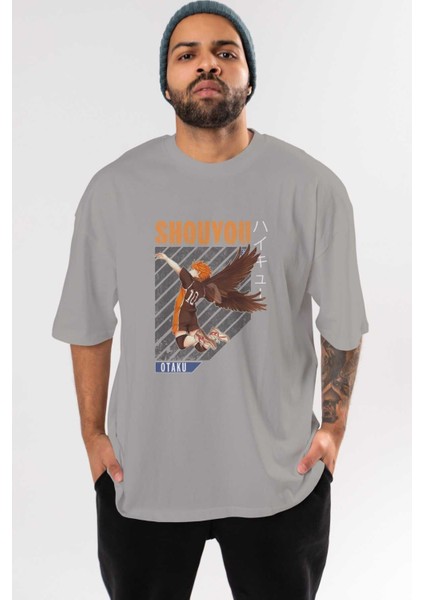 Shouyou Hinata 10 Anime Ön Baskılı Gri Oversize T-Shirt %100 Pamuk Erkek Kadın
