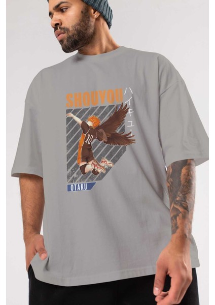 Shouyou Hinata 10 Anime Ön Baskılı Gri Oversize T-Shirt %100 Pamuk Erkek Kadın modelleri