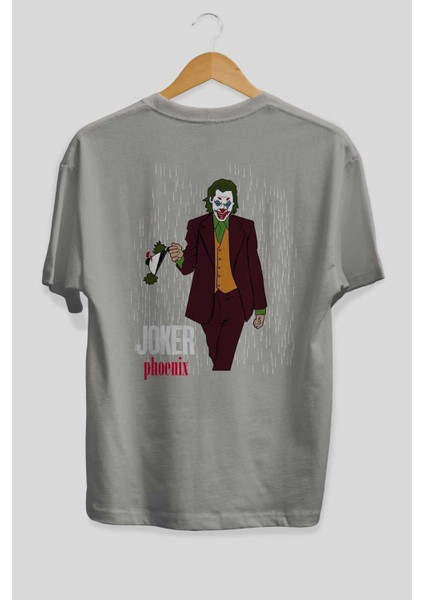 Joker (11) Arka Baskılı Gri Oversize T-Shirt Bisiklet Yaka Pamuk Erkek Kadın fiyatları