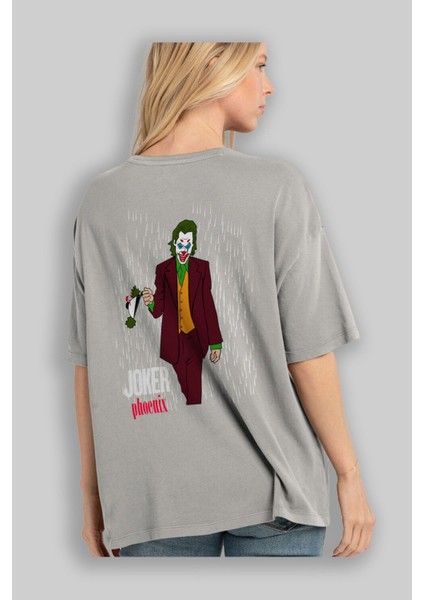 Joker (11) Arka Baskılı Gri Oversize T-Shirt Bisiklet Yaka Pamuk Erkek Kadın modelleri