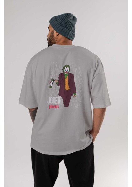 Joker (11) Arka Baskılı Gri Oversize T-Shirt Bisiklet Yaka Pamuk Erkek Kadın fırsatları