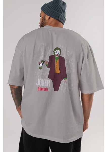 Joker (11) Arka Baskılı Gri Oversize T-Shirt Bisiklet Yaka Pamuk Erkek Kadın indirimleri