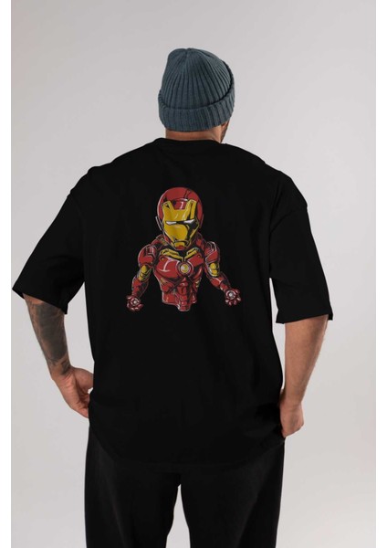 Iron Man Arka Baskılı Siyah Oversize T-Shirt Bisiklet Yaka Pamuk Erkek Kadın