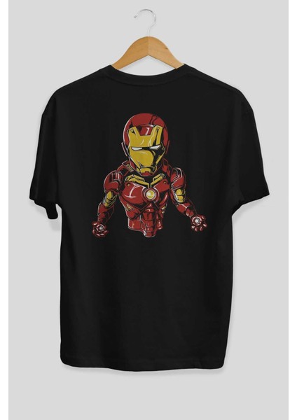 Iron Man Arka Baskılı Siyah Oversize T-Shirt Bisiklet Yaka Pamuk Erkek Kadın