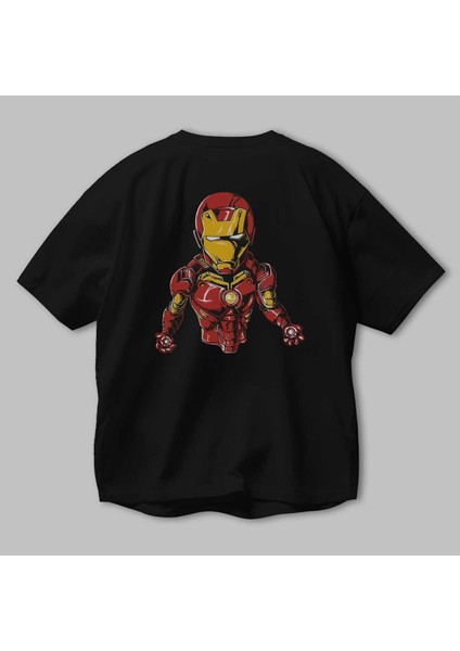 Iron Man Arka Baskılı Siyah Oversize T-Shirt Bisiklet Yaka Pamuk Erkek Kadın