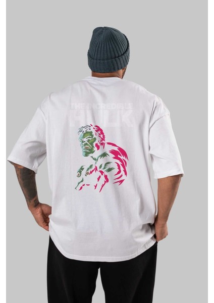 Hulk (10) Arka Baskılı Beyaz Oversize T-Shirt Bisiklet Yaka Pamuk Erkek Kadın