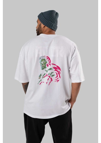 Hulk (10) Arka Baskılı Beyaz Oversize T-Shirt Bisiklet Yaka Pamuk Erkek Kadın fırsatları