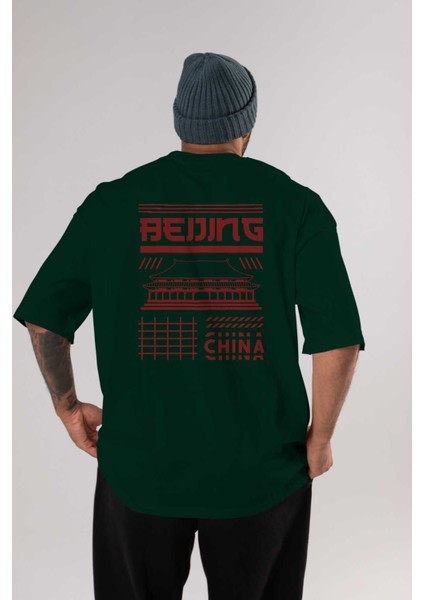 Beijing Arka Baskılı Zümrüt Yeşili Oversize T-Shirt Unisex Erkek Kadın Bisiklet Yaka
