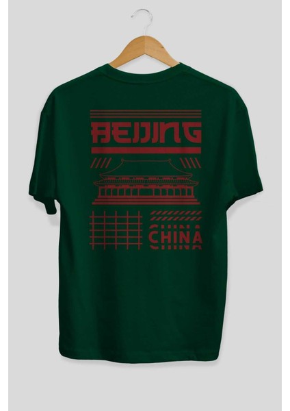 Beijing Arka Baskılı Zümrüt Yeşili Oversize T-Shirt Unisex Erkek Kadın Bisiklet Yaka fiyatları