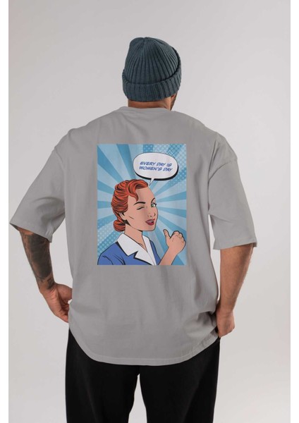 Everyday Is Women Day Arka Baskılı Gri Oversize T-Shirt Unisex Erkek Kadın Bisiklet Yaka