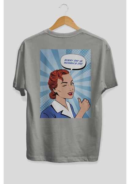 Everyday Is Women Day Arka Baskılı Gri Oversize T-Shirt Unisex Erkek Kadın Bisiklet Yaka fiyatları