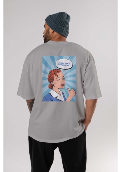 Everyday Is Women Day Arka Baskılı Gri Oversize T-Shirt Unisex Erkek Kadın Bisiklet Yaka fırsatları