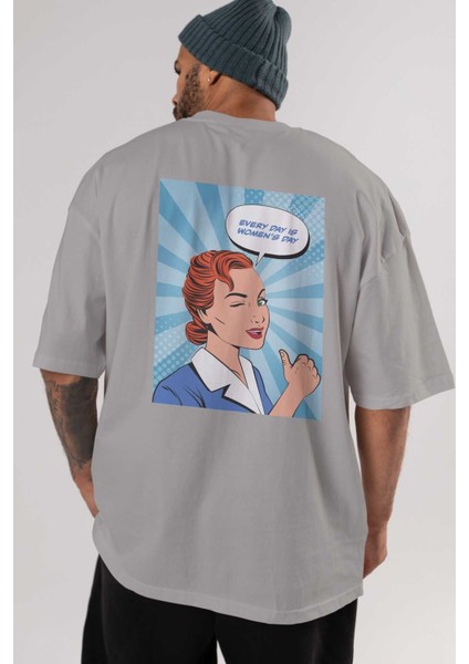 Everyday Is Women Day Arka Baskılı Gri Oversize T-Shirt Unisex Erkek Kadın Bisiklet Yaka indirimleri