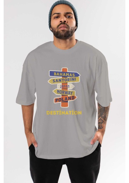 Destination Yazılı Ön Baskılı Gri Oversize T-Shirt Unisex Erkek Kadın Bisiklet Yaka