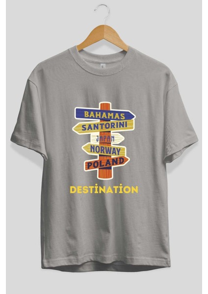 Destination Yazılı Ön Baskılı Gri Oversize T-Shirt Unisex Erkek Kadın Bisiklet Yaka fiyatları