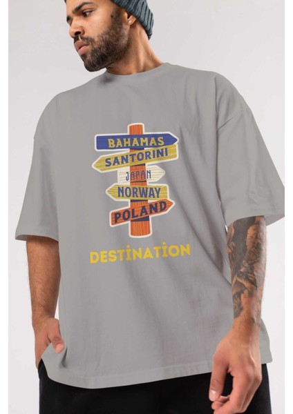 Destination Yazılı Ön Baskılı Gri Oversize T-Shirt Unisex Erkek Kadın Bisiklet Yaka modelleri