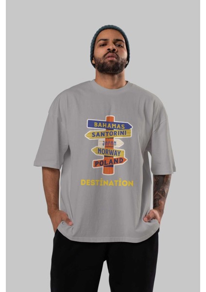 Destination Yazılı Ön Baskılı Gri Oversize T-Shirt Unisex Erkek Kadın Bisiklet Yaka indirimleri