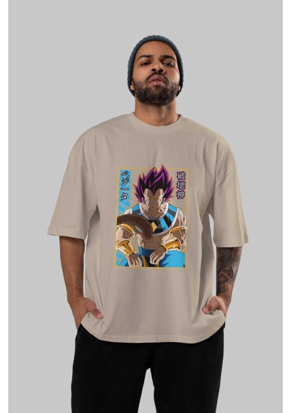 Dragonball Vegetahakaishin Anime Ön Baskılı Bej Oversize T-Shirt Erkek Kadın fırsatları