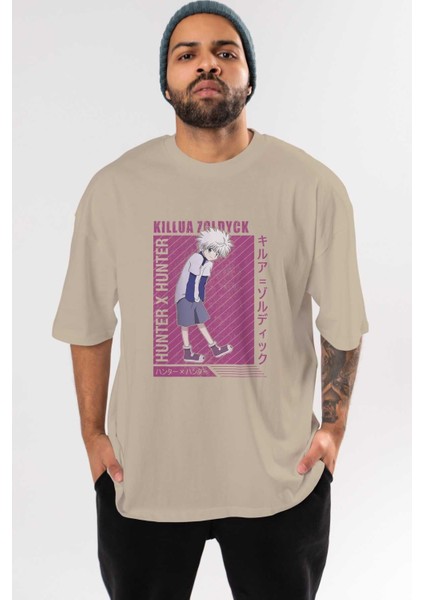 Killua Zoldyck 3 1 Anime Ön Baskılı Bej Oversize T-Shirt Erkek Kadın